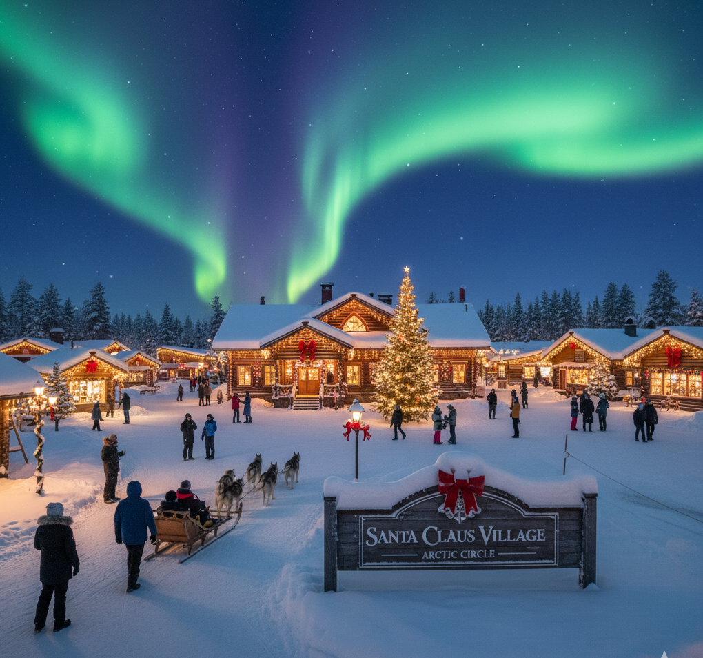 Rovaniemi, Finland (Lapland): Dé plek om de 'echte' Kerstman te ontmoeten in het Santa Claus Village. Gegarandeerd sneeuw en je kunt er activiteiten doen zoals huskytochten, sneeuwscooteren en wie weet het Noorderlicht zien.