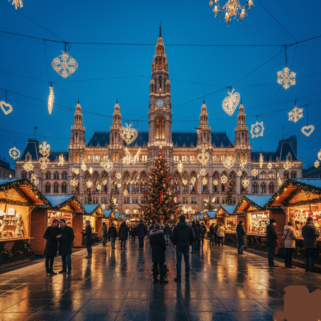 Wenen, Oostenrijk: Staat bekend om zijn vele prachtige en traditionele kerstmarkten, zoals de "Wiener Christkindlmarkt" op het Rathausplatz en de markt bij Paleis Schönbrunn. De klassieke elegantie van de stad is extra magisch met alle lichtjes.