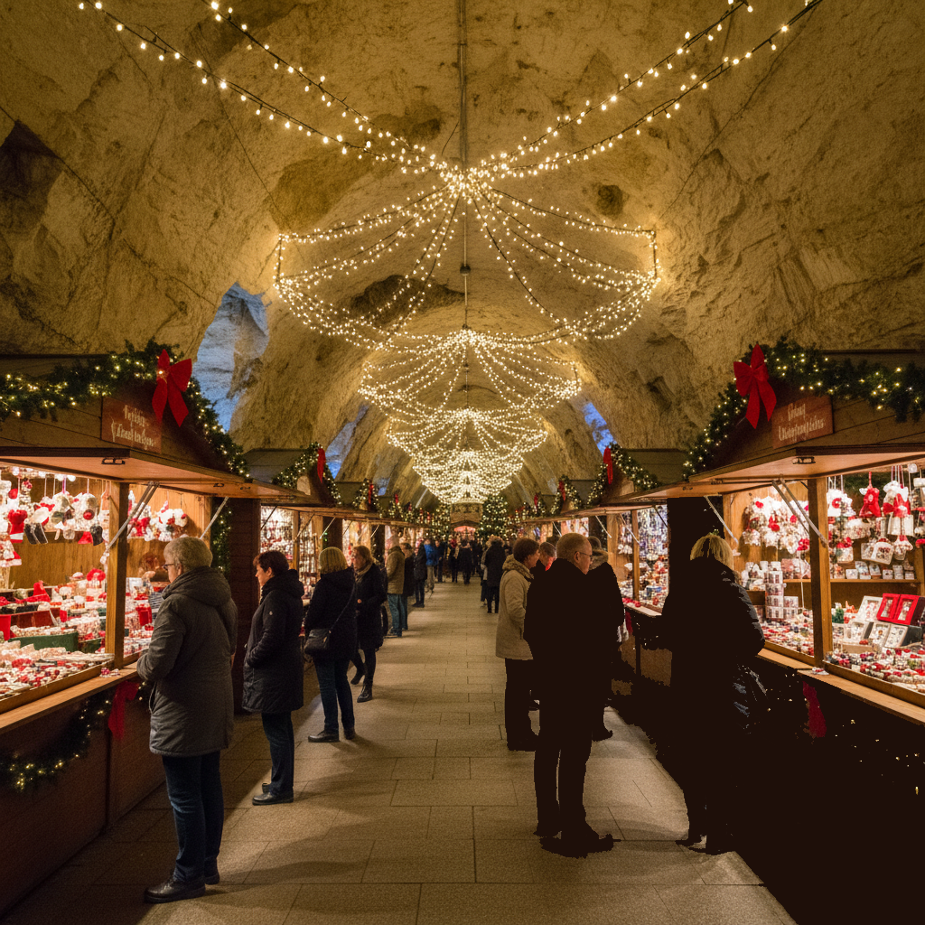 Valkenburg, Nederland: Biedt een unieke, ondergrondse kerstmarkt in de Gemeentegrot en Fluweelengrot. De lichtjes, kraampjes en versieringen in de mergelgrotten zorgen voor een heel speciale sfeer.